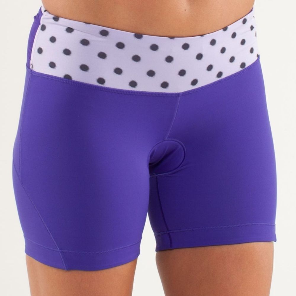 💜 Lululemon Velo Vixen Padded Purple Polka Dot Waistband Cycling Shorts Size 10